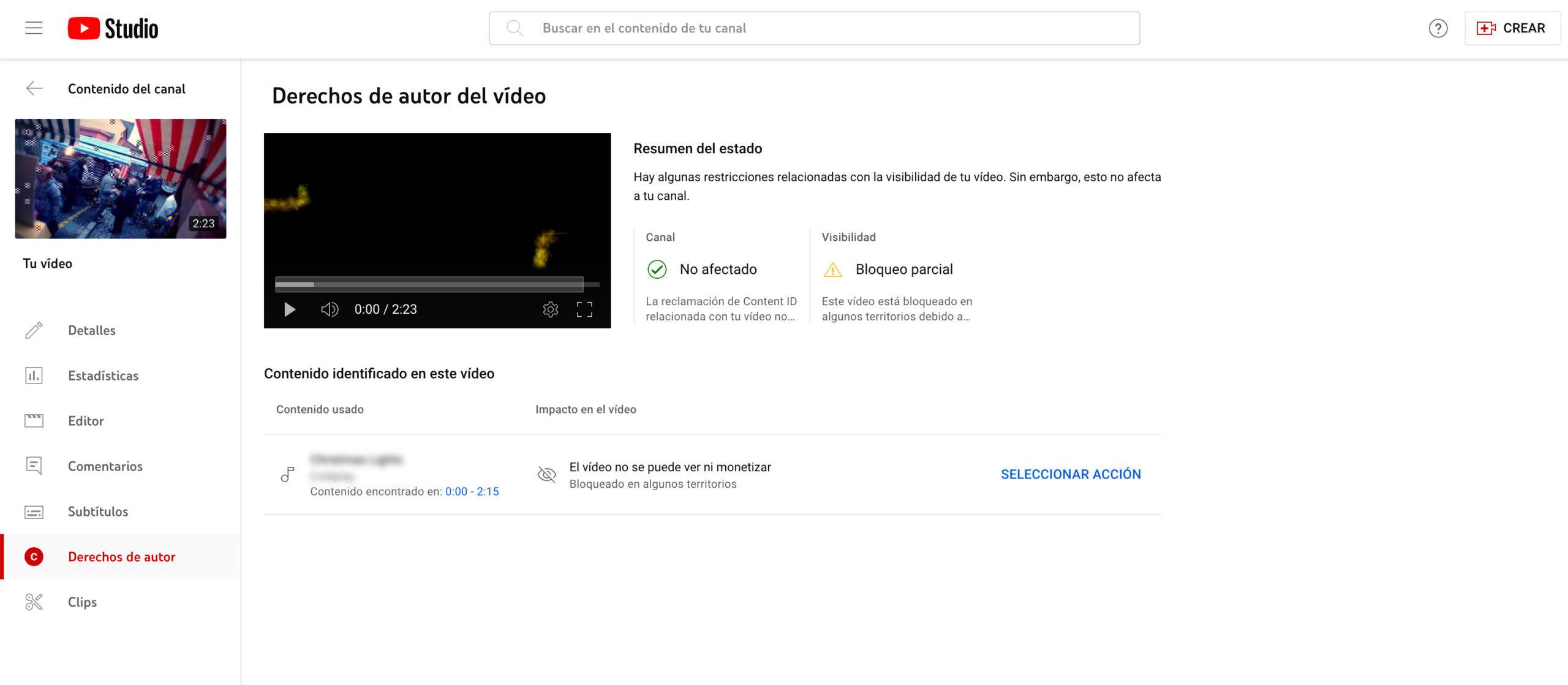 Captura de pantalla Problema de derechos de autor en YouTube